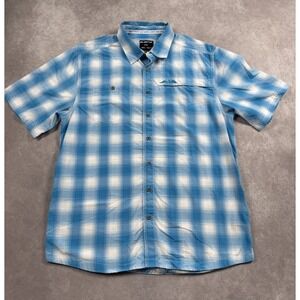 Kavu Men's Sz L Button Up Short Sleeve Blue Plaid Shirt Casual  Outdoors Preppy‎